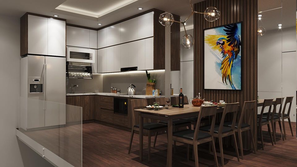 h&igrave;nh ảnh to&agrave;n cảnh ph&ograve;ng bếp kết hợp ph&ograve;ng ăn với hệ tủ m&agrave;u trắng c&aacute;nh phẳng, đ&egrave;n thả mặt d&acirc;y chuyền, b&agrave;n ghế gỗ sẫm m&agrave;u