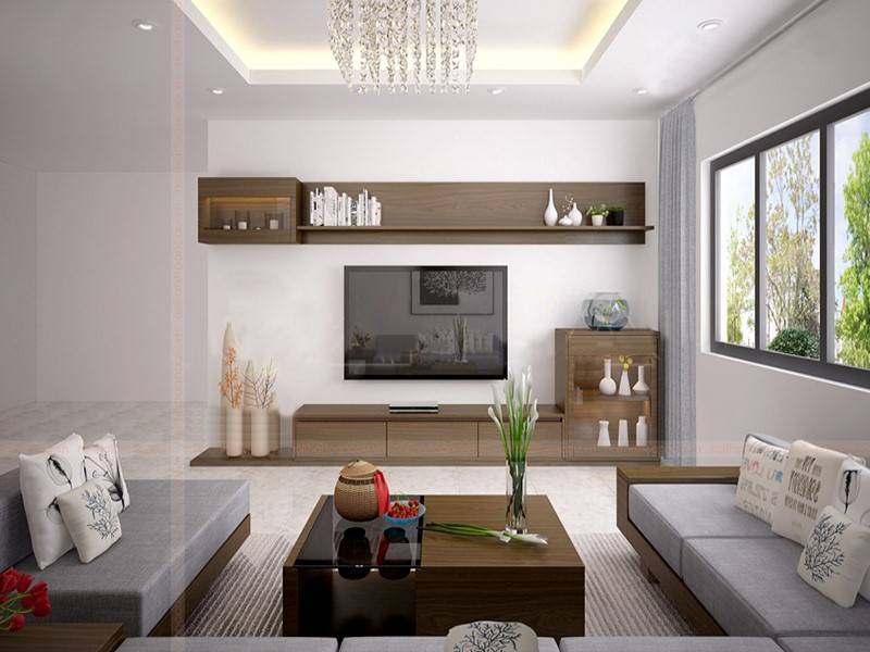 h&igrave;nh ảnh ph&ograve;ng kh&aacute;ch nh&agrave; vườn với ghế sofa gỗ bọc nệm ghi x&aacute;m, b&agrave;n tr&agrave; gỗ - k&iacute;nh, tủ kệ tivi gắn tường, đ&egrave;n ch&ugrave;m sang trọng