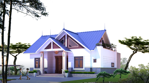 h&igrave;nh ảnh phối cảnh 3D mẫu biệt thự 1 tầng m&aacute;i Th&aacute;i hiện đại với khoảng s&acirc;n trước rộng tho&aacute;ng l&agrave;m s&acirc;n chơi cho trẻ v&agrave; nơi đậu &ocirc; t&ocirc;.