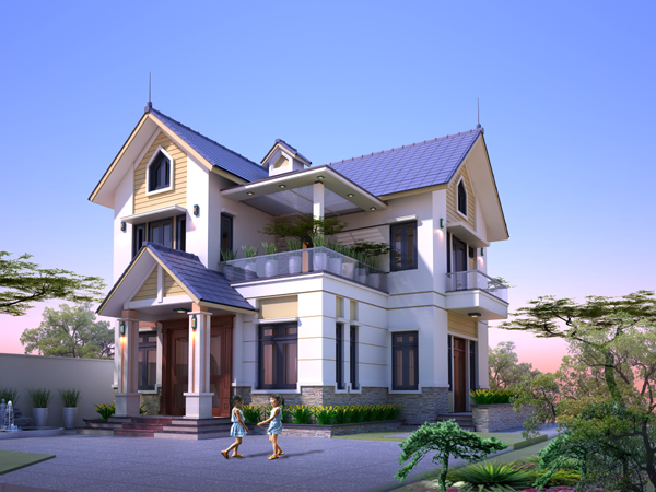 hình ảnh phối cảnh biệt thự 2 tầng mái Thái hiện đại với mái lợp ngói màu tím hoa cà, lan can ban công kính cường lực, sân vườn rộng rãi, thoáng mát.