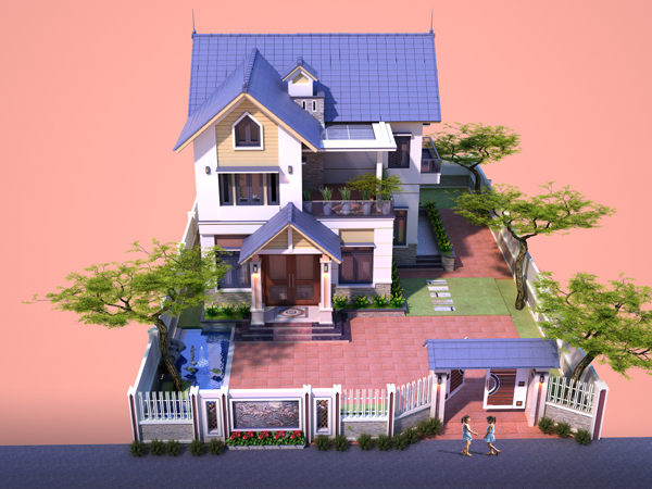 hình ảnh phối cảnh 3D mẫu thiết kế biệt thự 2 tầng mái Thái, diện tích 130m2
