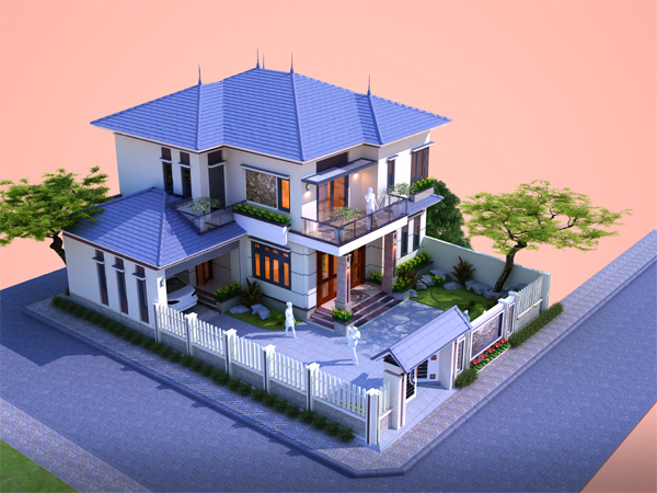 hình ảnh phối cảnh biệt thự 2 tầng với cửa cổng, tường rào chắc chắn, sân trước rộng, mái ngói đẹp