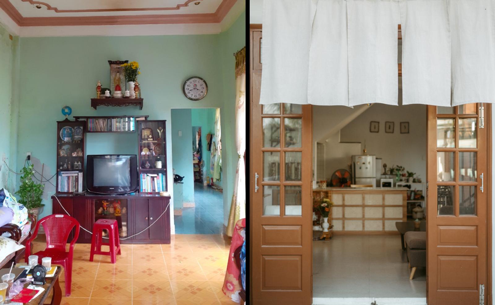 ph&ograve;ng kh&aacute;ch trước v&agrave; sau cải tạo