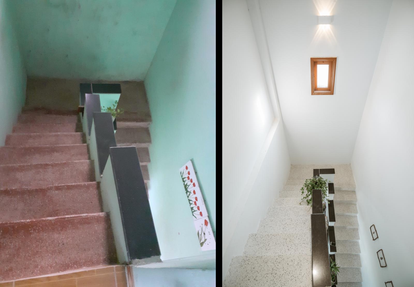 Khu vực cầu thang trước v&agrave; sau cải tạo
