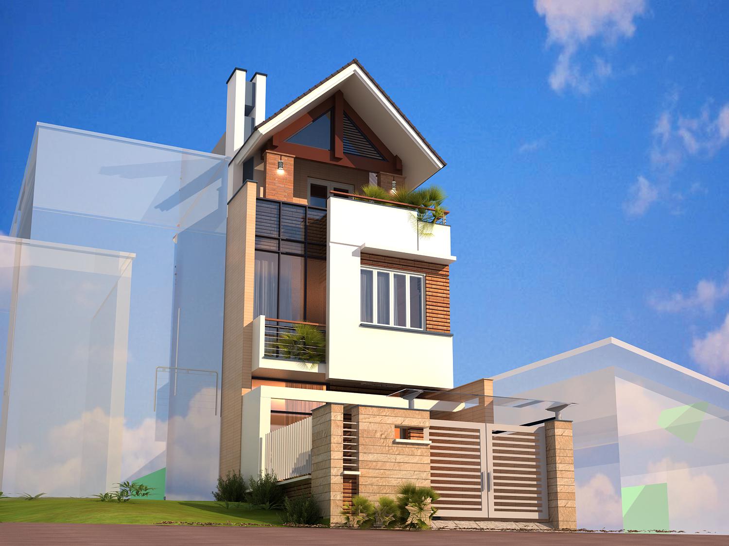 hình ảnh phối cảnh 3D mặt tiền nhà lô 3 tầng mái Thái