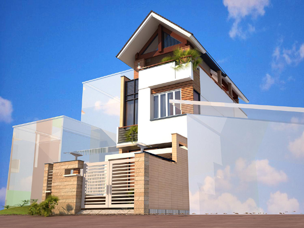 hình ảnh cận cảnh mặt tiền nhà lô phố mái Thái đẹp với điểm nhấn cây xanh ở ban công