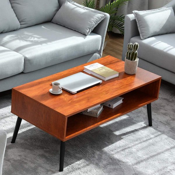 h&igrave;nh ảnh cận cảnh b&agrave;n c&agrave; ph&ecirc; phong c&aacute;ch Mid Century Modern c&oacute; gi&aacute; để s&aacute;ch ở dưới