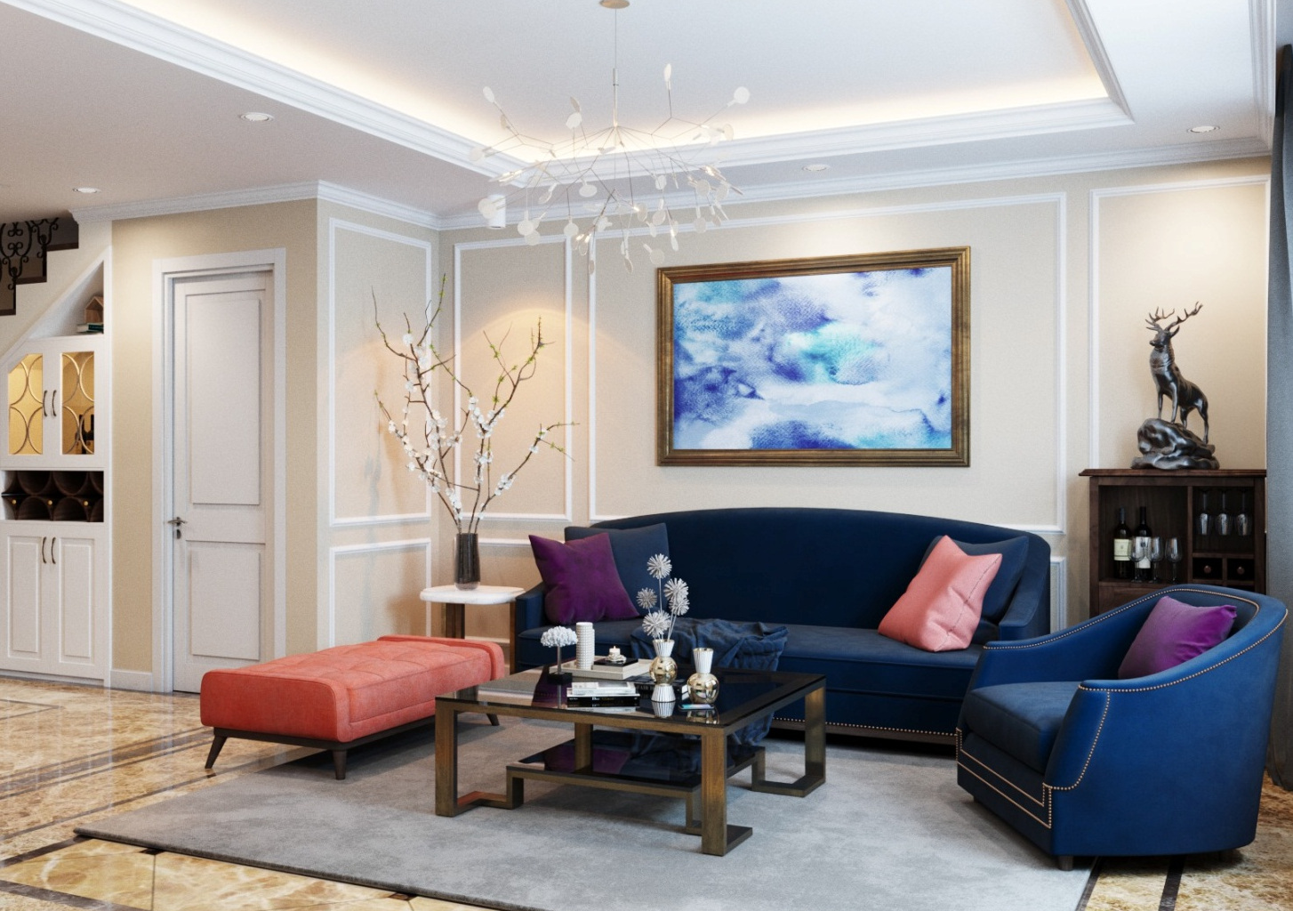 hình ảnh phòng khách biệt thự phong cách tân cổ điển với sofa mà xanh dương, ghế phụ màu cam đất, bàn trà kính, tranh tường, tượng hươu trang trí