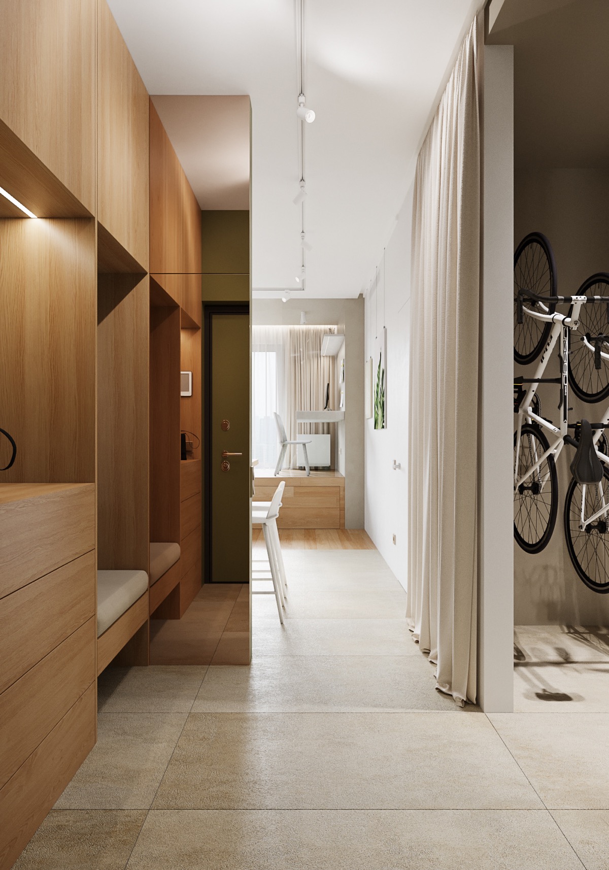 hình ảnh hành lang căn hộ 46m2 với tủ quần áo, ngăn kéo, băng ghế lối vào, gương dài