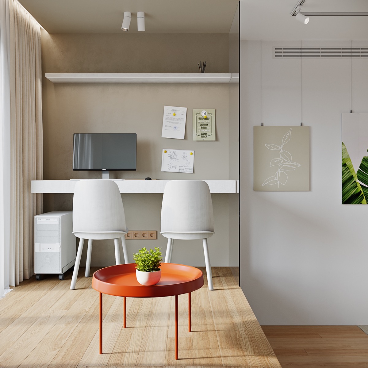 hình ảnh không gian làm việc tại nhà gọn đẹp với bàn máy tính gắn tường và bộ đôi ghế tựa màu trắng thanh lịch.