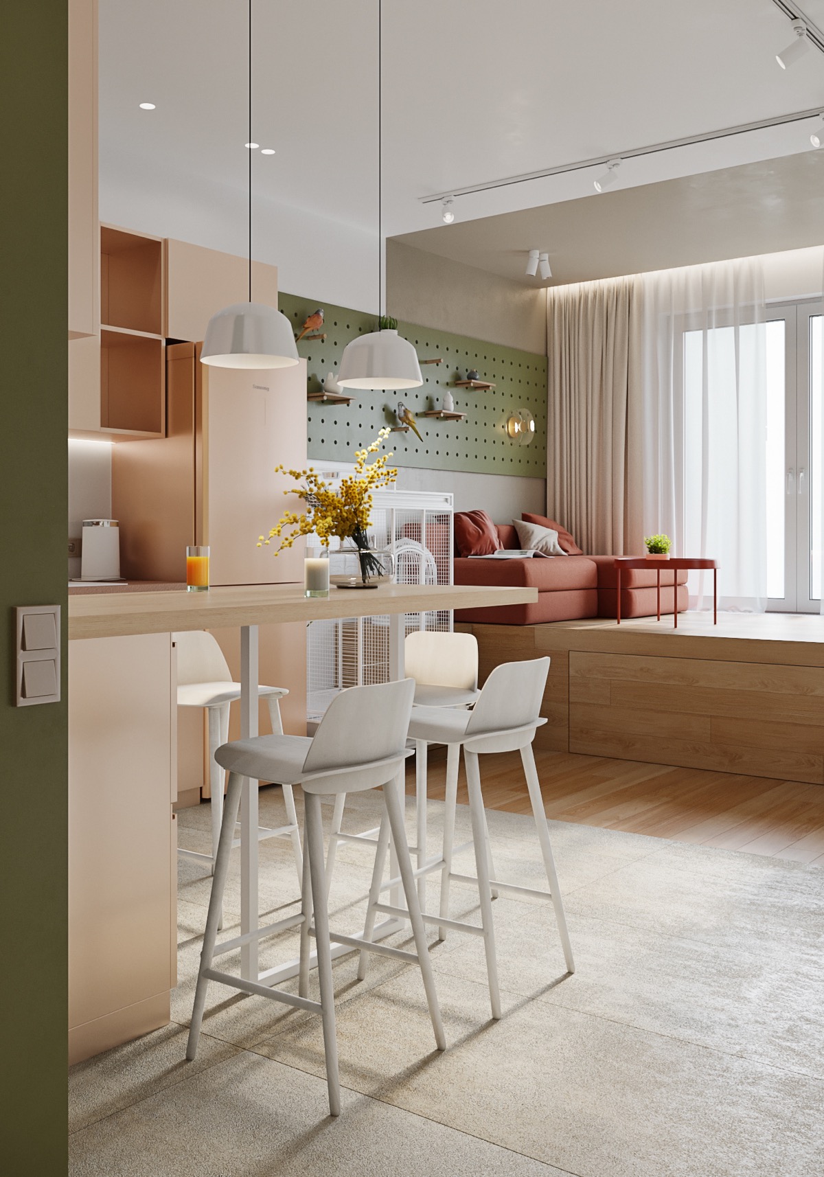 hình ảnh phòng khách liên thông phòng ăn trong căn hộ 46m2