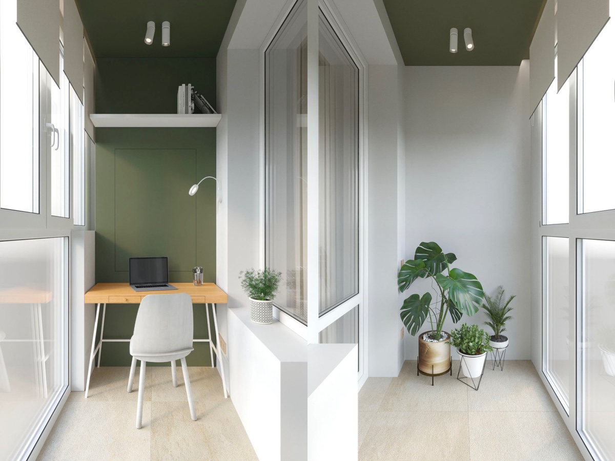 Ban công căn hộ 46m2 hình ảnh ban công căn hộ 46m2 với bàn làm việc gắn tường, kệ gỗ, những chậu cảnh xanh tươi