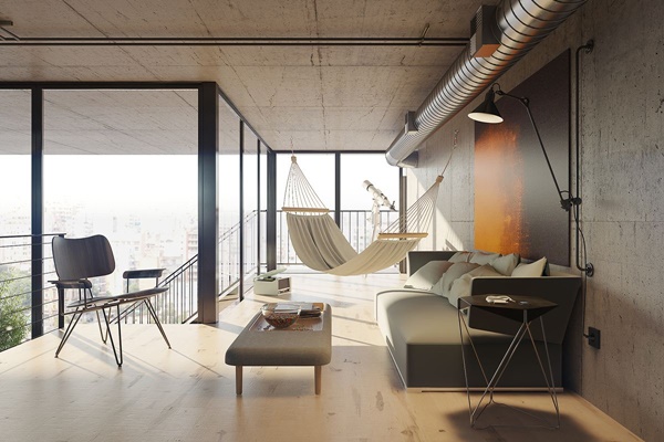 hình ảnh phòng khách với sofa xám, võng treo, ghế ngồi thư giãn
