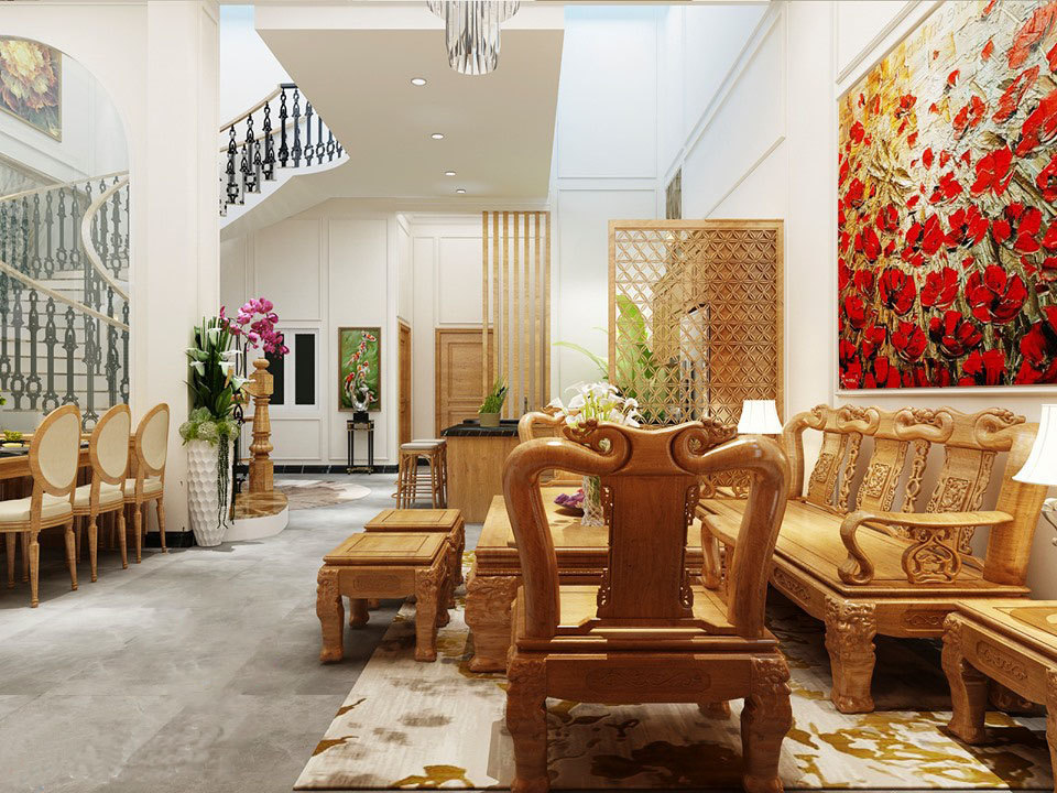 Phối cảnh ph&ograve;ng kh&aacute;ch biệt thự sang trọng