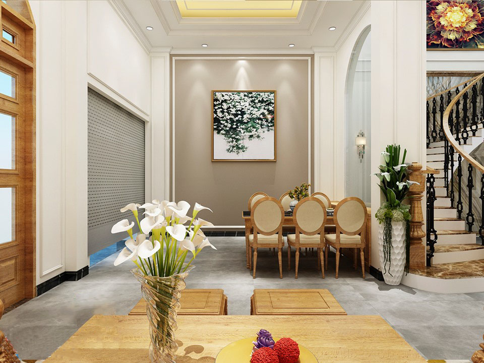 Từ b&agrave;n ăn nh&igrave;n ra kh&ocirc;ng gian bếp