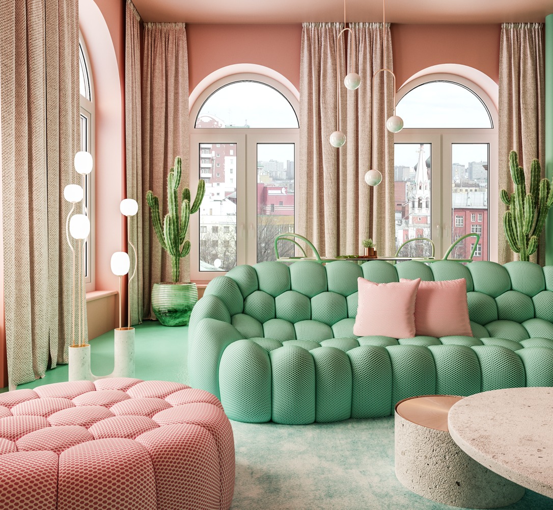 h&igrave;nh ảnh ph&ograve;ng kh&aacute;ch căn hộ 55m2 ở New York với ghế sofa m&agrave;u hồng đất v&agrave; xanh ngọc lam ấn tượng
