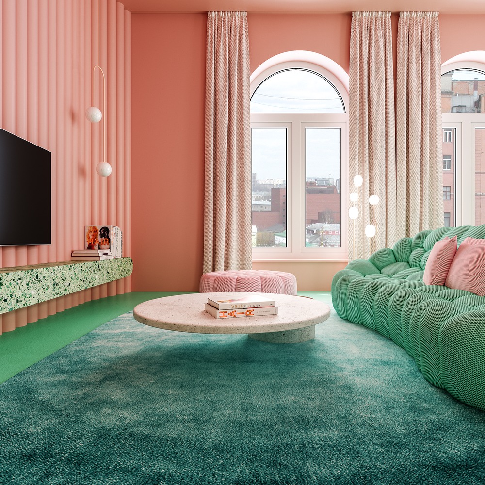 h&igrave;nh ảnh ph&ograve;ng kh&aacute;ch căn hộ nhỏ với tủ kệ tivi đối diệ sofa m&agrave;u xanh ngọc, b&agrave;n tr&agrave; tr&ograve;n bằng đ&aacute; cẩm thạch ở giữa