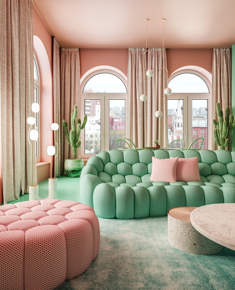 h&igrave;nh ảnh ph&ograve;ng kh&aacute;ch với cửa sổ k&iacute;nh v&ograve;m, r&egrave;m m&agrave;u be, tường sơn hồng đất, sofa m&agrave;u xanh ngọc