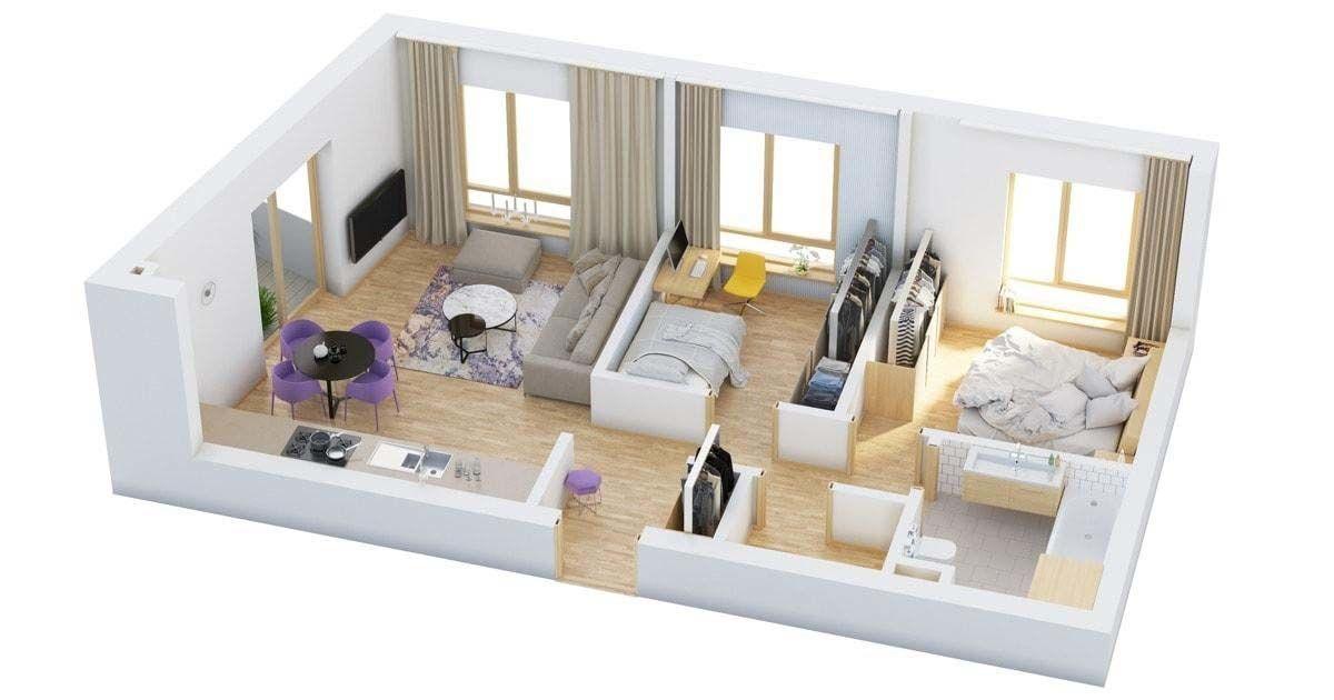 h&igrave;nh ảnh phối cảnh 3D mặt bằng bố tr&iacute; nội thất nh&agrave; 1 tầng đẹp, hợp l&yacute;