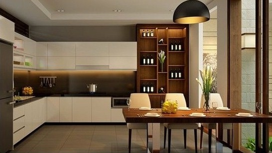 h&igrave;nh ảnh mẫu ph&ograve;ng bếp kết hợp ph&ograve;ng ăn với b&agrave;n ăn đặt cạnh cửa sổ k&iacute;nh mở ra s&acirc;n sau tho&aacute;ng s&aacute;ng