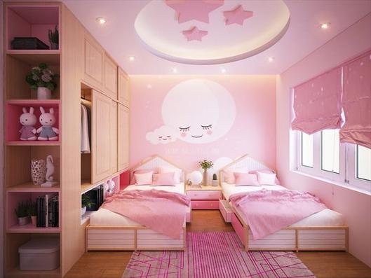 h&igrave;nh ảnh ph&ograve;ng ngủ của hai c&ocirc; con g&aacute;i với 2 giường đơn, đầu giường trang tr&iacute; dễ thường, tủ quần &aacute;o kết hợp kệ trang tr&iacute;