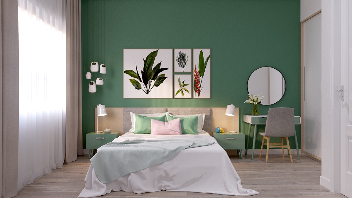 h&igrave;nh ảnh ph&ograve;ng ngủ m&ugrave;a h&egrave; với sắc trắng chủ đạo, tường đầu giường sơn xanh l&aacute;, tranh tường họa tiết l&aacute; c&acirc;y, b&agrave;n trang điểm, cửa sổ k&iacute;nh, r&egrave;m cửa