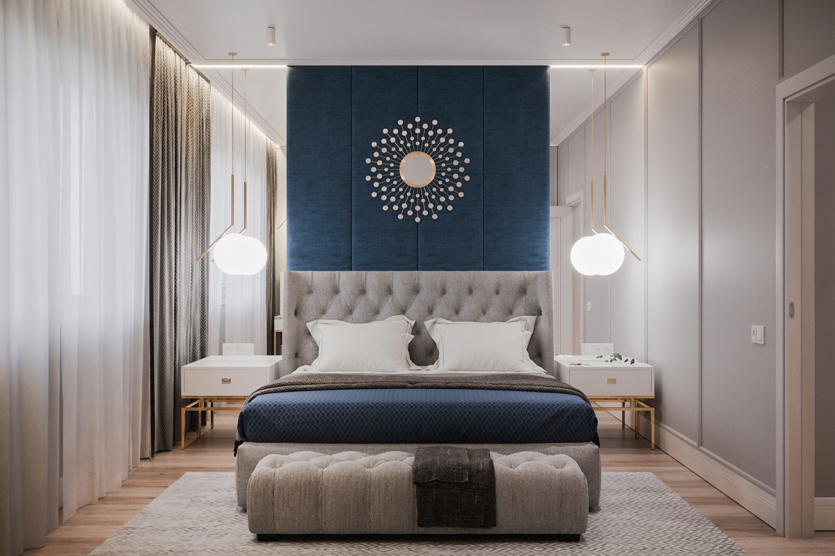 h&igrave;nh ảnh ph&ograve;ng ngủ với điểm nhấn l&agrave; bức tường đầu giường, gương trang tr&iacute; họa tiết mặt trời tỏa nắng