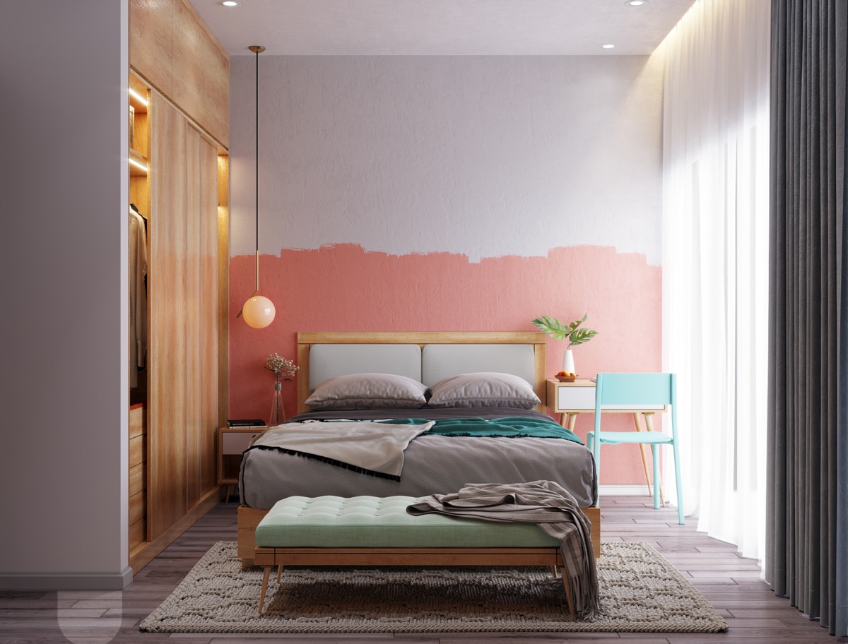 h&igrave;nh ảnh ph&ograve;ng ngủ ấn tượng với bức tường m&agrave;u hồng điểm nhấn đầu giường, tủ quần &aacute;o &acirc;m tường
