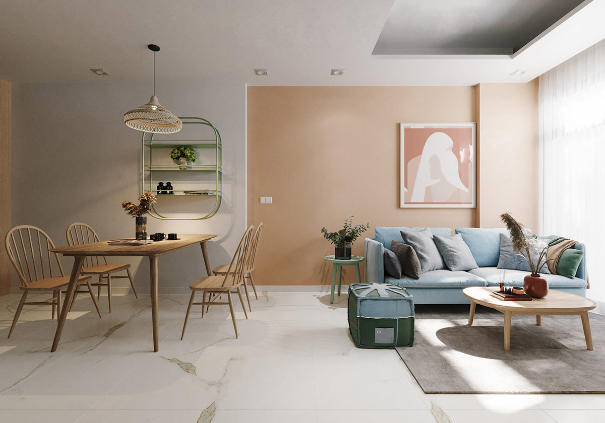 h&igrave;nh ảnh ph&ograve;ng kh&aacute;ch liền kề ph&ograve;ng ăn trong căn hộ 66m2 ở Nha Trang