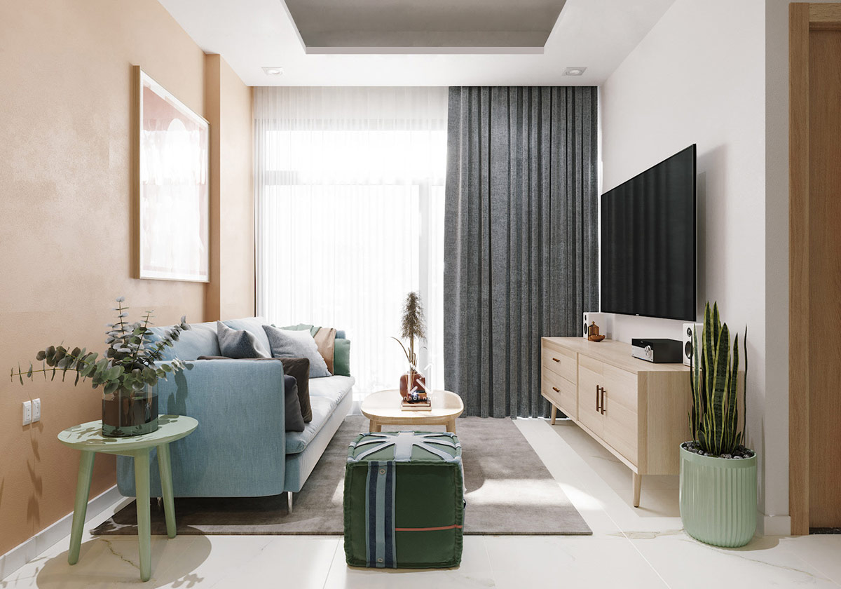 h&igrave;nh ảnh những chậu cảnh xanh m&aacute;t được đặt ở c&aacute;c g&oacute;c trong ph&ograve;ng kh&aacute;ch căn hộ nhỏ