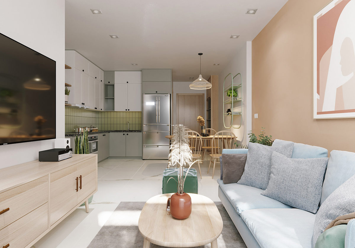 h&igrave;nh ảnh to&agrave;n cảnh ph&ograve;ng bếp trong căn hộ 66m2 nh&igrave;n từ ph&ograve;ng kh&aacute;ch