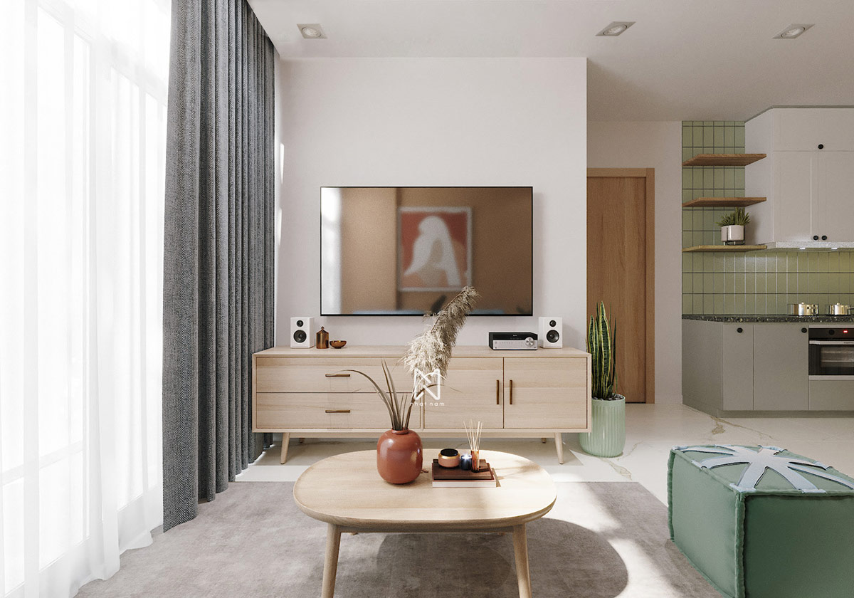 h&igrave;nh ảnh kh&ocirc;ng gian b&ecirc;n trong căn hộ 66m2 ở Nha Trang với ph&ograve;ng kh&aacute;ch v&agrave; bếp ăn liền kề nhau