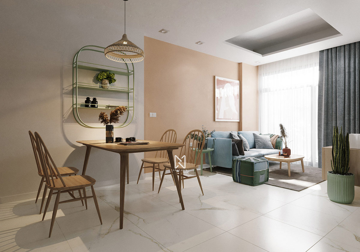 h&igrave;nh ảnh g&oacute;c ăn uống nhỏ xinh, tho&aacute;ng s&aacute;ng với điểm nhấn l&agrave; đ&egrave;n thả chụp m&acirc;y mộc mạc, kệ trang tr&iacute; m&agrave;u xanh l&aacute;, kiểu d&aacute;ng mềm mại.