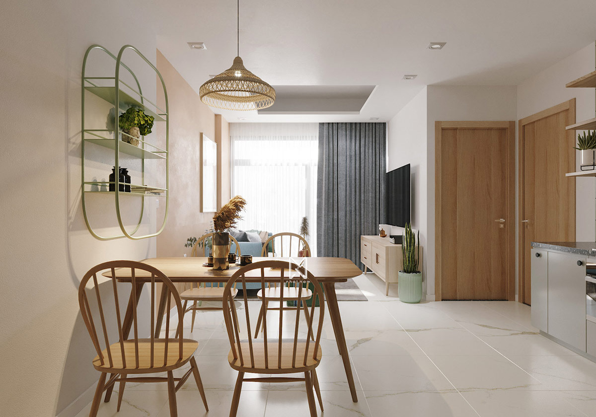 h&igrave;nh ảnh to&agrave;n cảnh kh&ocirc;ng gian sinh hoạt chung trong căn hộ 66m2 với cửa sổ k&iacute;nh lớn đ&oacute;n s&aacute;ng tự nhi&ecirc;n