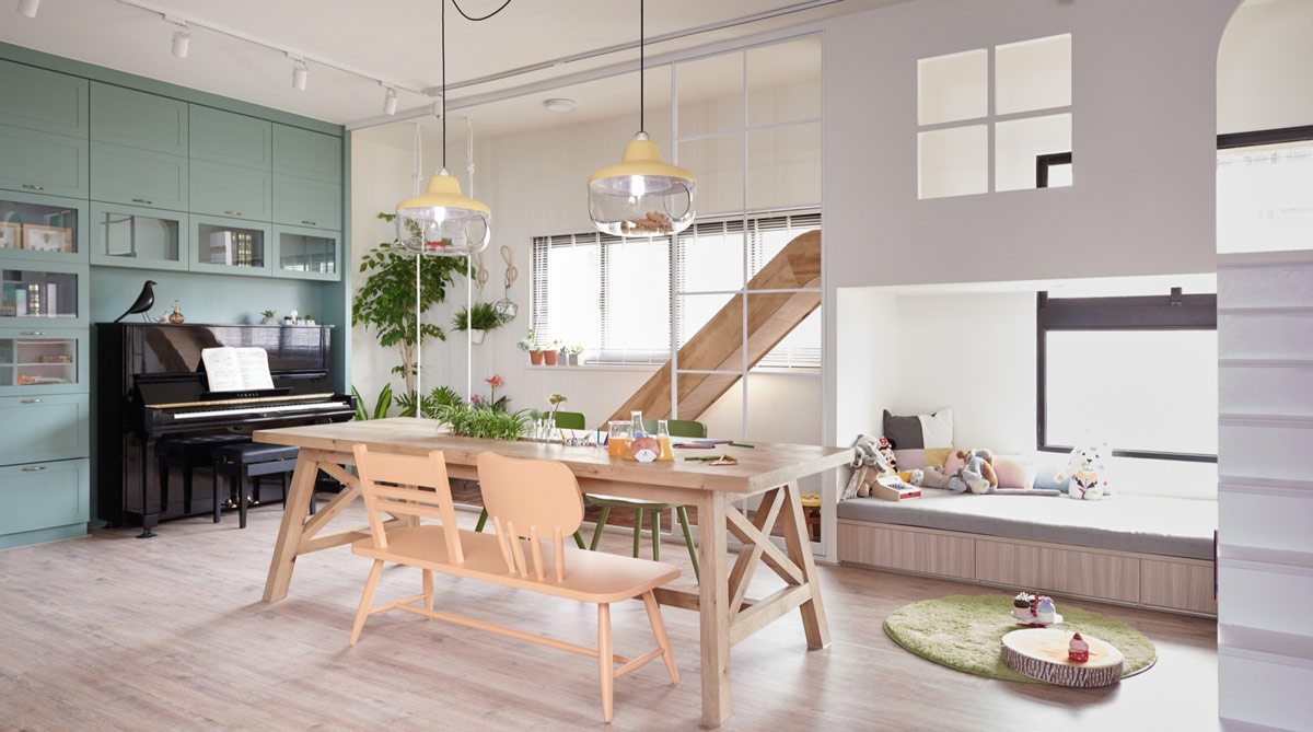 h&igrave;nh ảnh to&agrave;n cảnh ph&ograve;ng ăn ngập tr&agrave;n &aacute;nh s&aacute;ng với băng ghế đ&ocirc;i, đ&egrave;n thả ấm &aacute;p