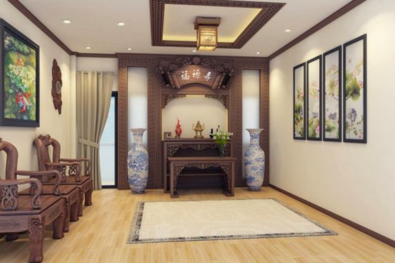 phòng thờ trên tầng tum nhà ống 2,5 tầng hình ảnh toàn cảnh phòng thờ trên tầng tum nhà ống 2,5 tầng với nội thất gỗ chạm khắc tinh xảo, tranh tường đẹp, bộ đôi ghế sofa gỗ tự nhiên
