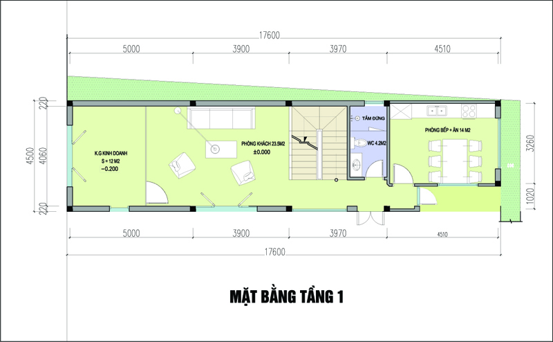 hình ảnh bản vẽ thiết kế mặt bằng tầng 1 nhà lô 2 mặt tiền