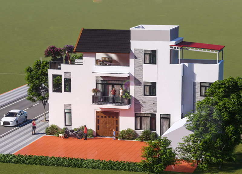 hình ảnh cận cảnh mặt tiền chính với khoảng sân gạch đỏ rộng rãi