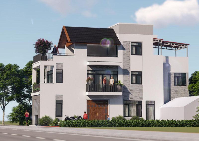 hình ảnh phối cảnh 3D mặt tiền nhà lô 2 tầng 1 tum hiện đại