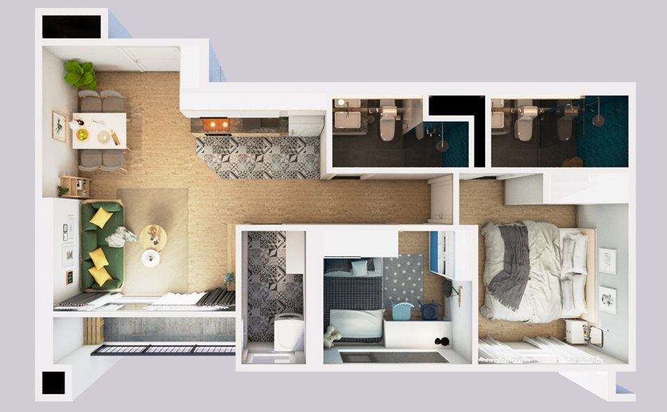 Thiết kế bội thất căn hộ 2 phòng ngủ