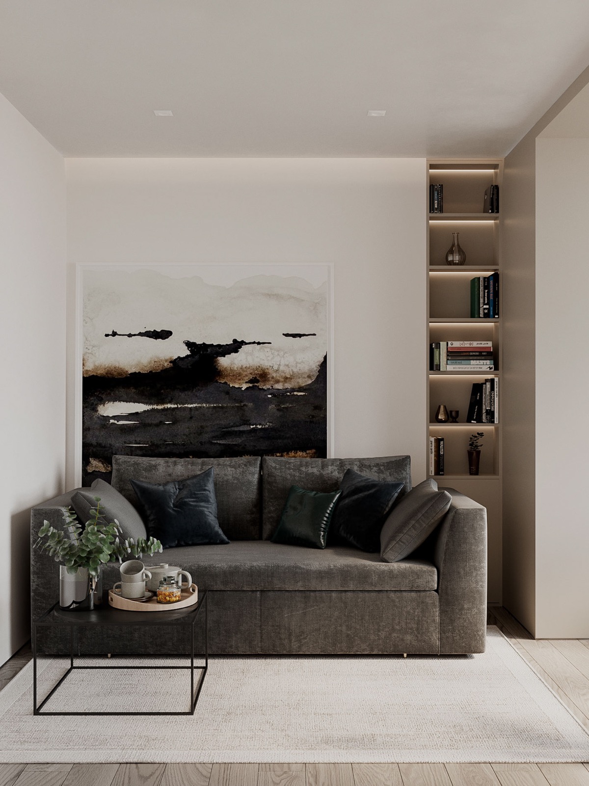 h&igrave;nh ảnh một g&oacute;c văn ph&ograve;ng tại nh&agrave; đẹp với sofa ghi x&aacute;m, b&agrave;n tr&agrave; kim loại, b&igrave;nh c&acirc;y xanh trang tr&iacute;