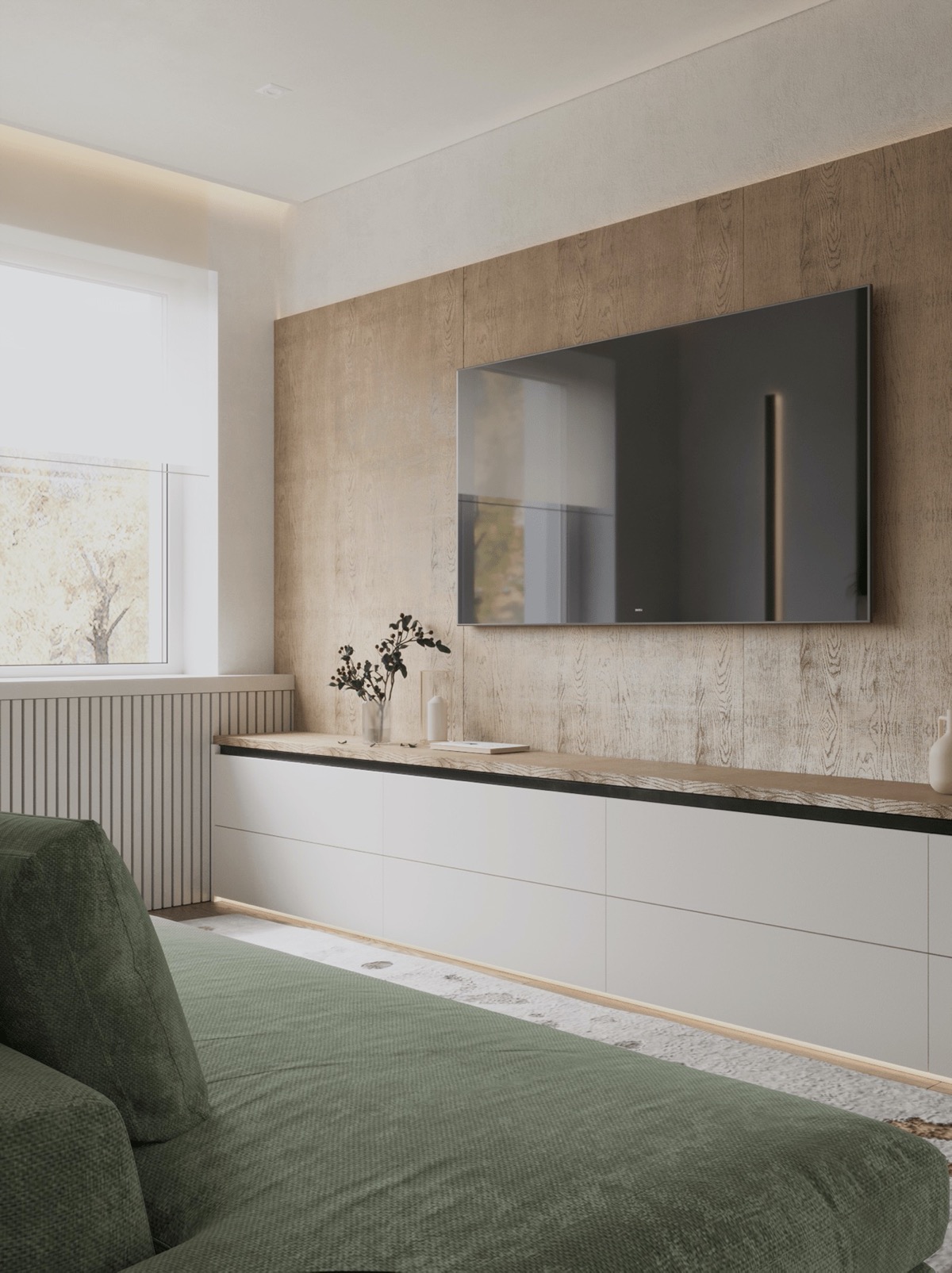 h&igrave;nh ảnh tủ kệ tivi trong ph&ograve;ng kh&aacute;ch căn hộ 74m2