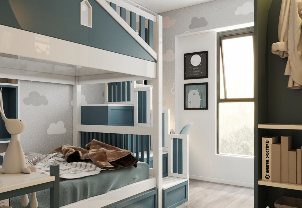 hình ảnh một góc phòng ngủ bé trai thoáng đẹp với khung cửa sổ kính ngập tràn ánh sáng, giường tầng màu xanh trắng nhã nhặn