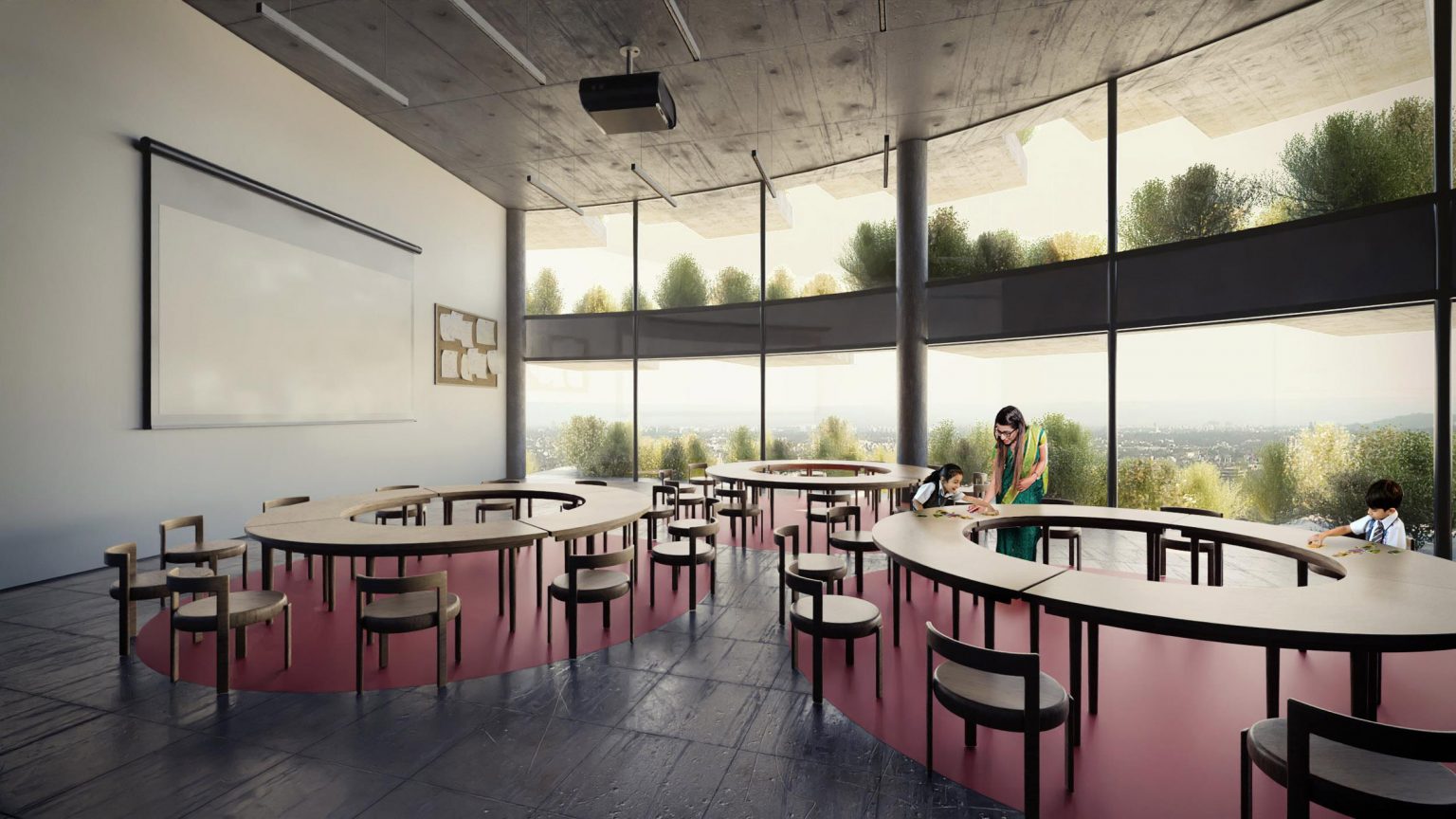 h&igrave;nh ảnh kh&ocirc;ng gian b&ecirc;n trong lớp học ng&ocirc;i trường phủ k&iacute;n c&acirc;y xanh ở Ấn Độ