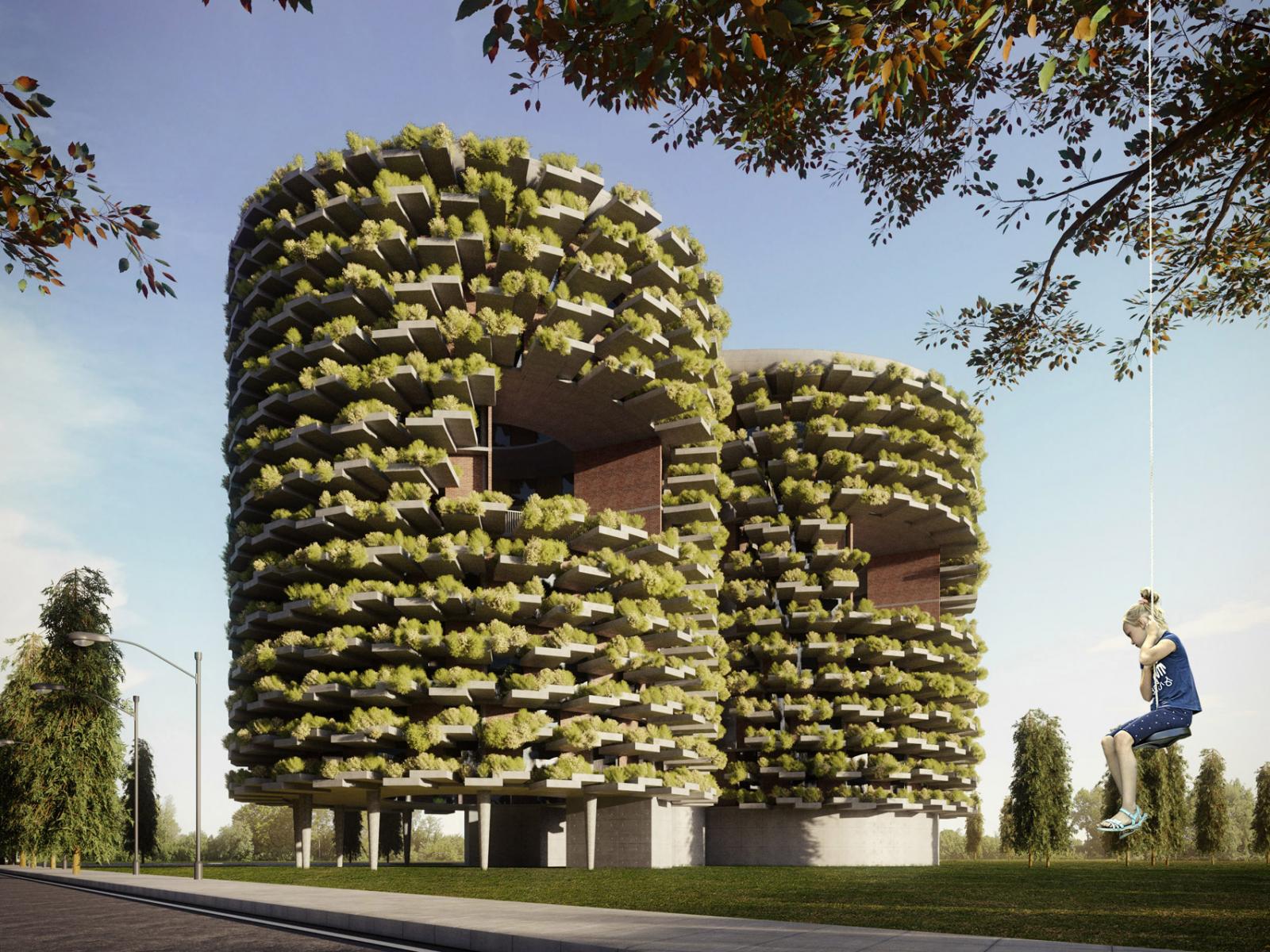 h&igrave;nh ảnh phối cảnh hai t&ograve;a th&aacute;p với mặt tiền phủ k&iacute;n c&acirc;y xanh