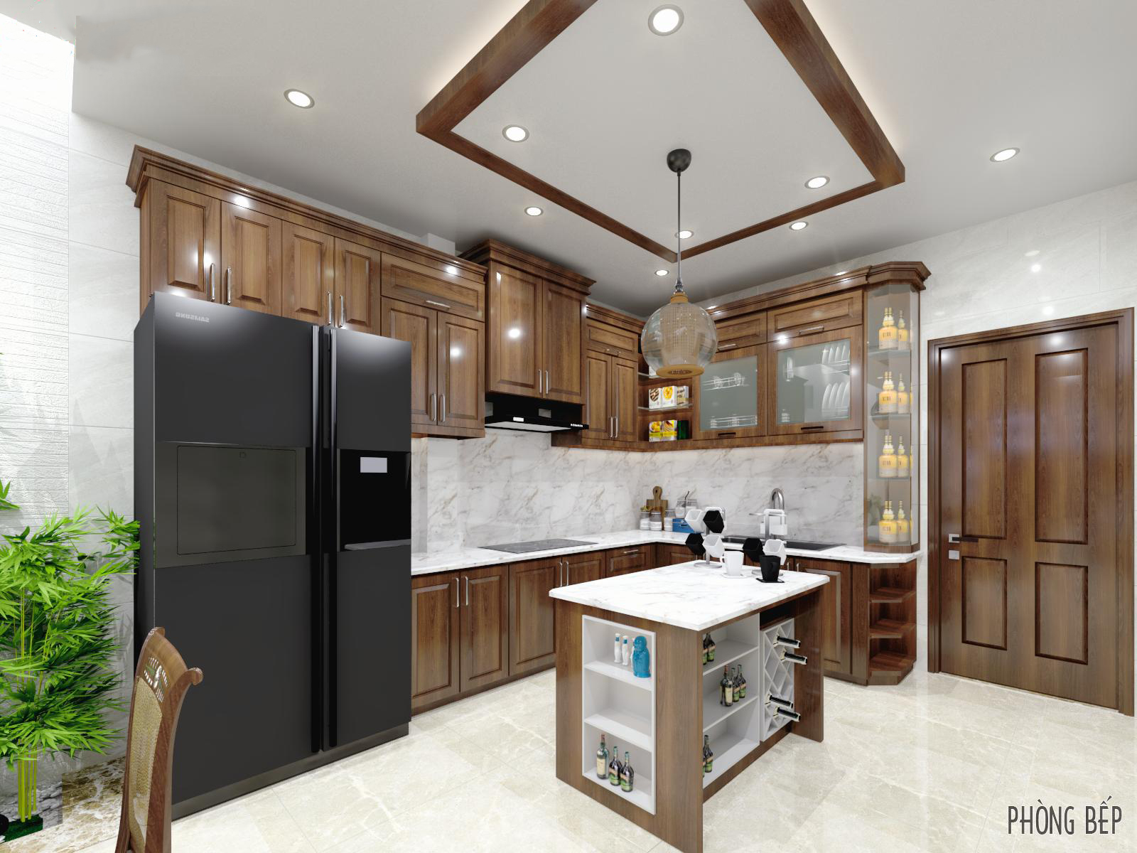 Thiết kế tủ bếp chữ L gỗ g&otilde; đỏ Nam Phi