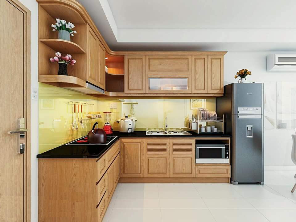 Tủ bếp chữ L gỗ sồi tự nhi&ecirc;n