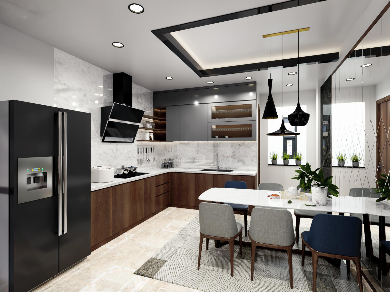 Thiết kế tủ bếp chữ L gỗ MDF v&agrave; đ&aacute; trắng v&acirc;n m&acirc;y