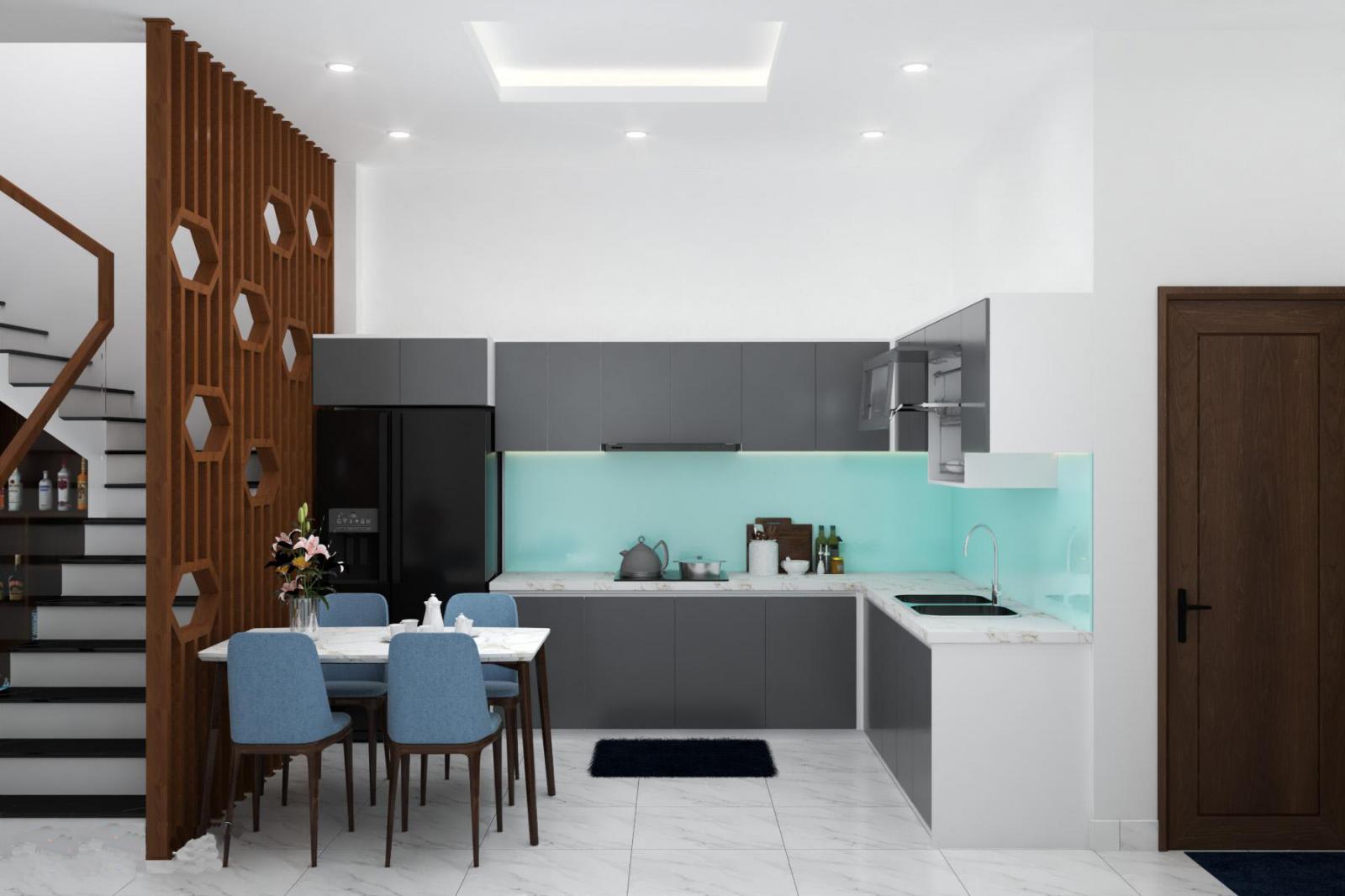 Mẫu thiết kế tủ bếp chữ L, ốp tường bằng k&iacute;nh cường lực