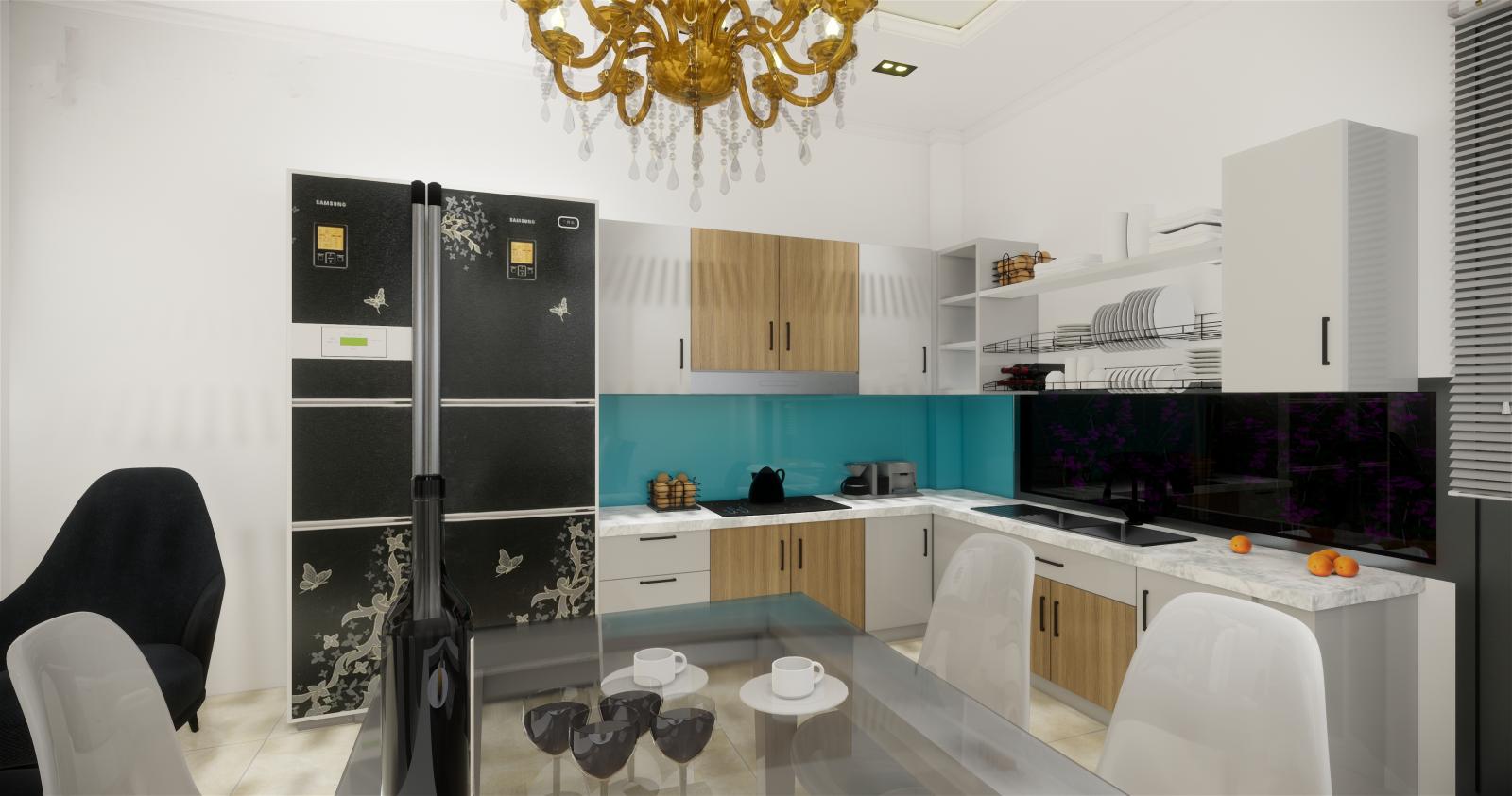 Gian bếp hiện đại với tủ bếp chữ L 